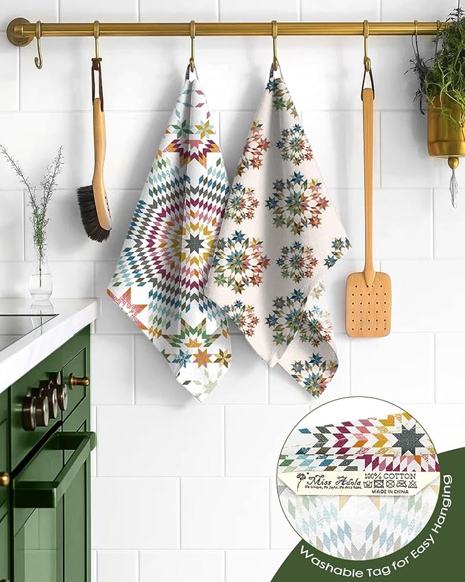 Miss Adola 2 Pack Flour Sack Kitchen Towels - 16x26 Inch Cotton Dish Towels with Hanging Loop Reusable Geometric Boho Modern Retro Tea Towel Absorbent Dishcloths Home Decor, Starburst Design