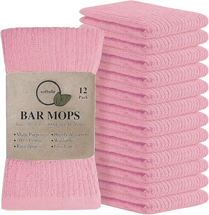 Softolle Bar Mop Towels, Pack of 12-16x19 Inches - 100% Cotton Super Absorbent Towels, Multi-Purpose for Home and Bar Cleaning (Pink)