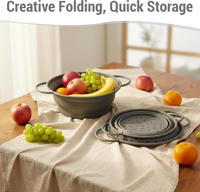 3 Pack Collapsible Colander with Strainer Bowl Set, 11 & 13 In BPA-Free Silicone Colanders for Kitchen, Heat-Resistant Space-Saving Strainer Dishwasher Safe Baskets for Vegetable Fruits(Grey)