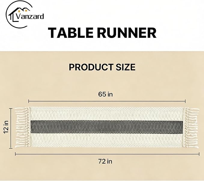 Boho Table Runner for Home Decor with Tassels 72 Inches Long , Farmhouse Rustic Grey Table Runners for Bohemian Kitchen Dining Table(12x72in)