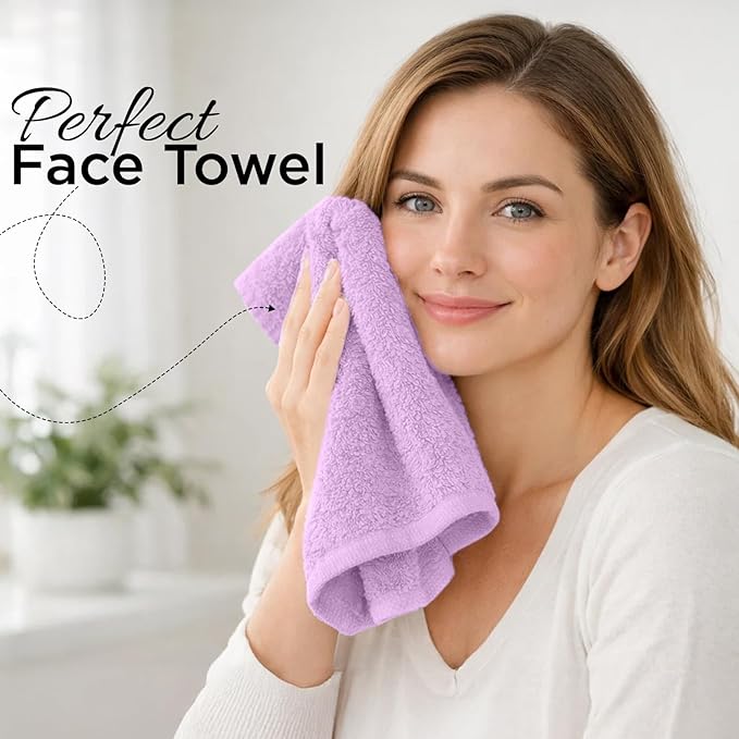 DAN RIVER 12-Pack Premium 100% Cotton Lavendar Face Towels for Bathroom - Reusable Face Wash Cloths for Showering 12x12 Inches - 550 GSM Super Soft & Absorbent Luxury WashCloths for Body, Spa & Gym