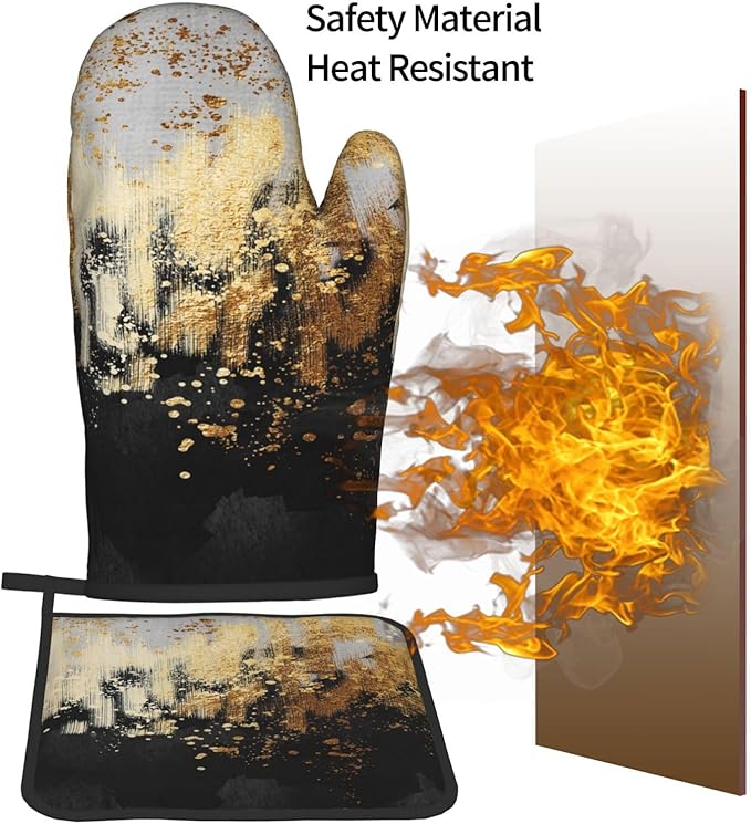 3 - Piece Black Gold Abstract Art Oven Mitts and Pot Holders Sets, Modern Decorative Black Gold Oven Gloves and Hot Pads Heat Resistant for Kitchen Cooking Baking Grilling, Gift for Women, Home Decor