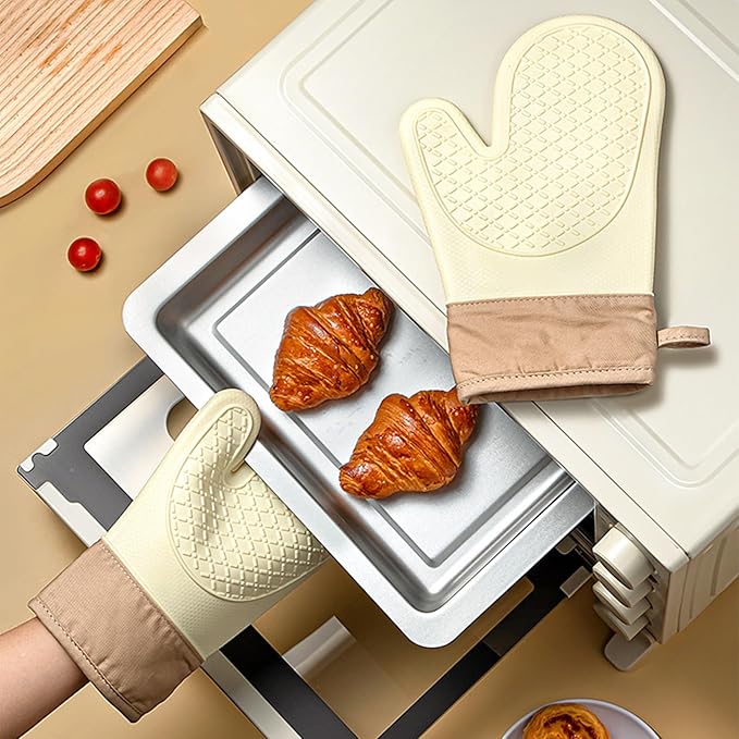 Silicone Oven Mitts，Heat Resistant up to 500°F, Oven Gloves with Soft Lining, Non-Slip Kitchen Essentials, Kitchen Gadgets, Apartment Essentials, Great Gift for Cooking (beige-1pair)
