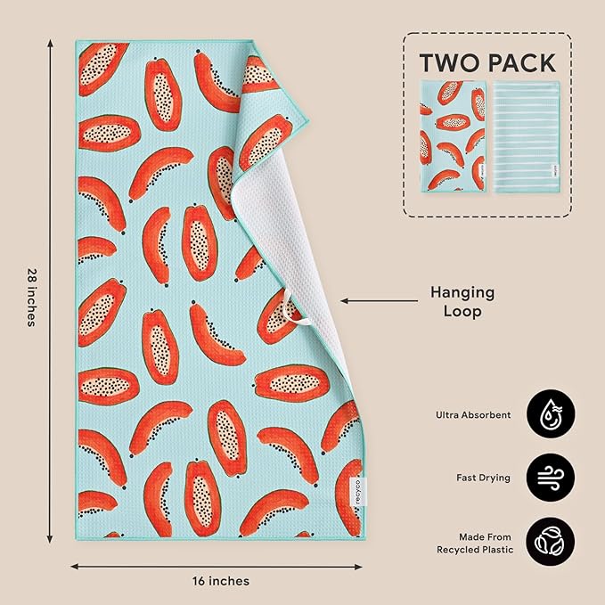 RECYCO Waffle Kitchen Towel Set of 2 - Quick Dry Microfiber Sustainable Dish Towels - Ultra Absorbent Reusable Cleaning Tea Towels - Lightweight Hand Towels,16”x 28”, Papaya Joy