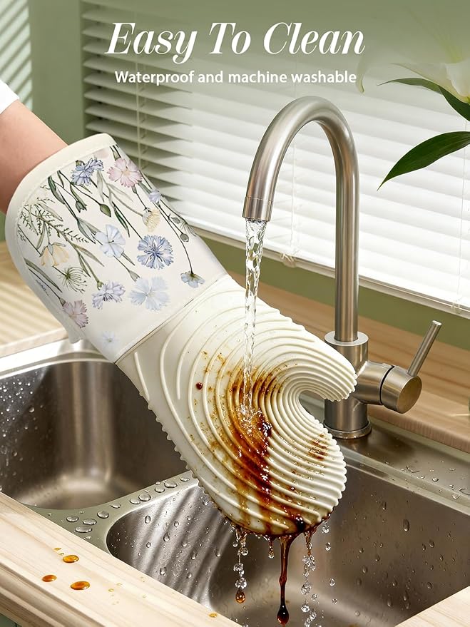 Slohif Long Silicone Oven Mitts Heat Resistant for Women - 2 Pcs Beige Wild Flowers 100% Cotton Oven Gloves, Non-Slip and Waterproof Silicone Oven Mitts with Hanger for Baking and Cooking