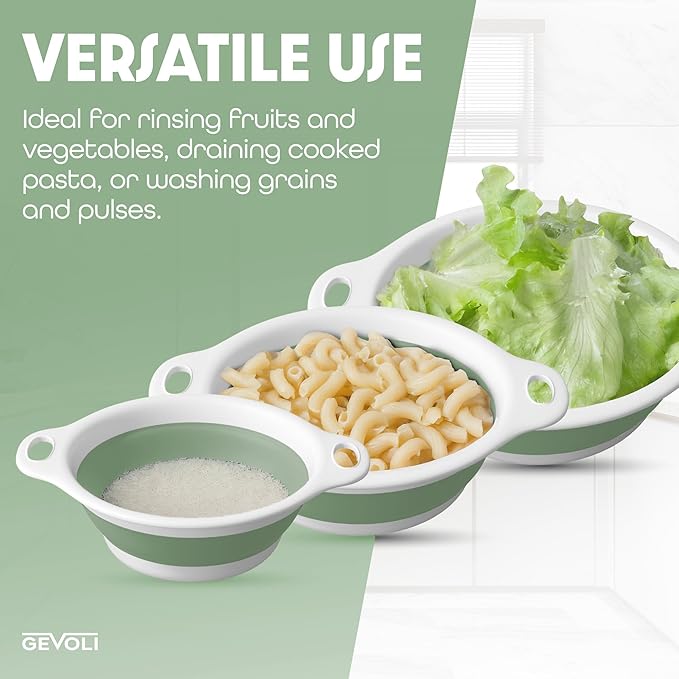 Gevoli Collapsible Colanders (3 Pack Set) Food Strainers with Over-Sink Water Draining Base for Pasta Fruits and Vegetables, White/Sage (3 Sizes, 3QT, 4QT and 5 Quart)