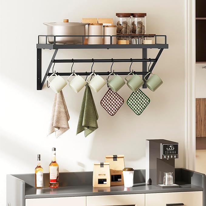 YATINEY Wall Mounted Pot Rack, 23.8 Inch Pot and Pan Organizer with 2 Tier Hanging Rails, 12 S-Hooks, Metal Pot Rack for Kitchen Cookware Organizer, Space Saving, for Kitchen Utensils, Black PR01BK