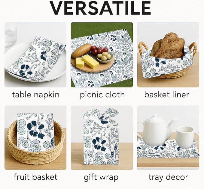 Ridhi Denim Blue Hand Block Print 100% Cotton Napkins 18" x 18" (Set of 4) Reuseable Kitchen Napkins Cloth Decor Dinner Party Wedding Cocktail Gift for Spring, Easter, Valentine
