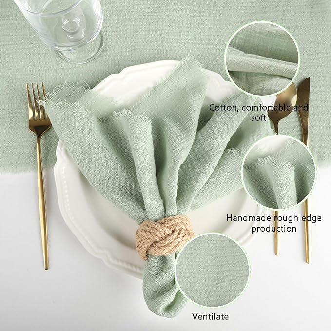 Cotton Blend Fringe Cloth Napkins - Crinkle Gauze Dinner Napkins, Reusable & Washable Table Napkins, 17" x 17" (43 x 43 cm), Multiple Colors, 12/24/48/100 Pack (12, Mint Green)