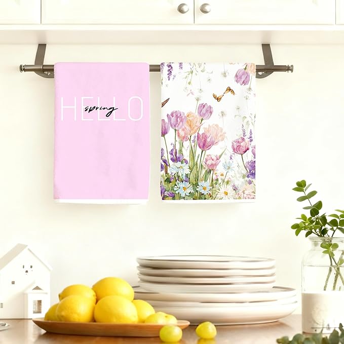 2Pcs Purple Tulip Floral Kitchen Towels-16×24in Spring Floral Microfiber Dish Towels, Holiday Decor Flower Hand Towels for Kitchen Bathroom Home Easter Mother‘s Day Gifts
