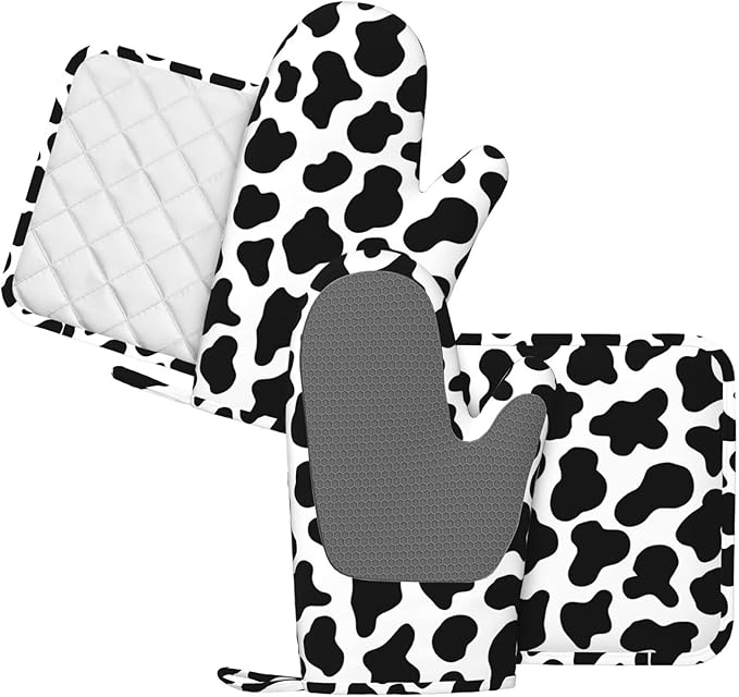 Cow Print Oven Mitts and Pot Holders Sets Silicone Black White Cow Print Kitchen Mitts Potholders Heat Resistant 4Pcs Farmhouse Cowhide Oven Gloves Hot Pads for Kitchen Baking Cooking