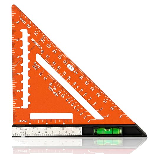 Beslands 7 inch Rafter Square with Level, Aluminum Metal Triangle Ruler Carpenter Square Woodworking Layout Tool Aluminum Triangle Tool Stainless Steel Ruler (Orange)