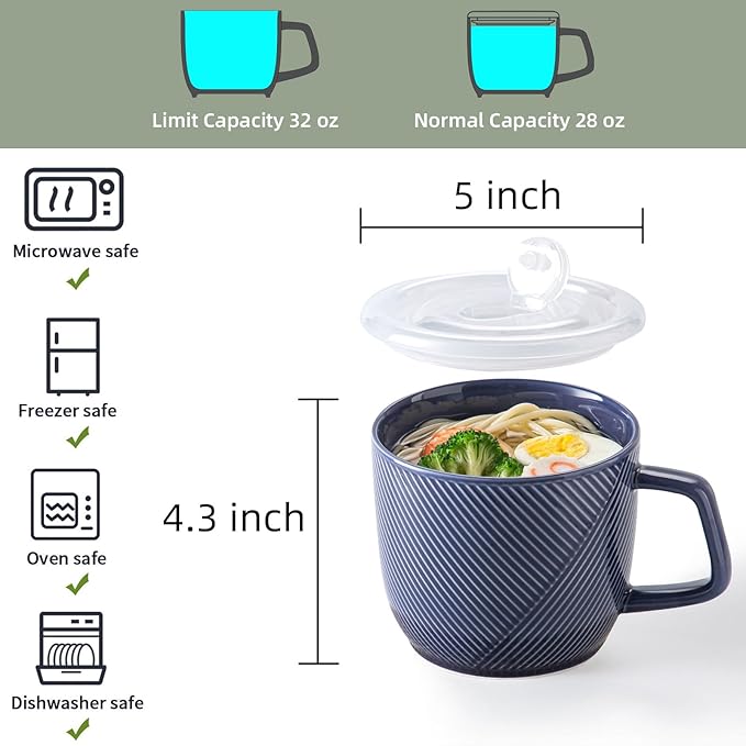 Ceramic Soup Bowl with Lid & Handle: 32 oz Microwave Safe Food Container for Ramen Noodles Cereal Leftovers - Extra Large Mugs for Breakfast Lunch Picnic Camping - Navy, Set of 1
