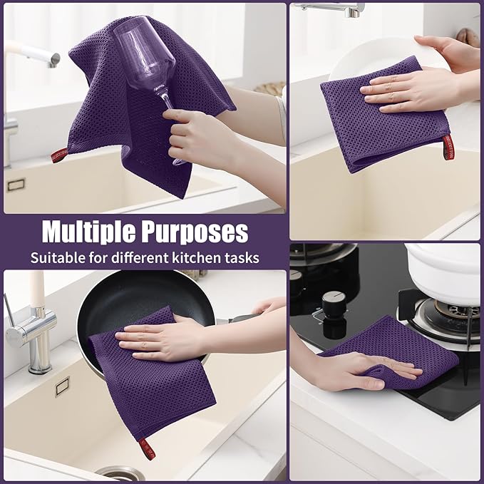 Kitinjoy 100% Cotton Kitchen Towels and Dishcloths Set, 8 Pack-13" x 28" and 12" x 12" Waffle Weave Dish Towels, Ultra Soft Absorbent Quick Drying Dish Rags, Eggplant