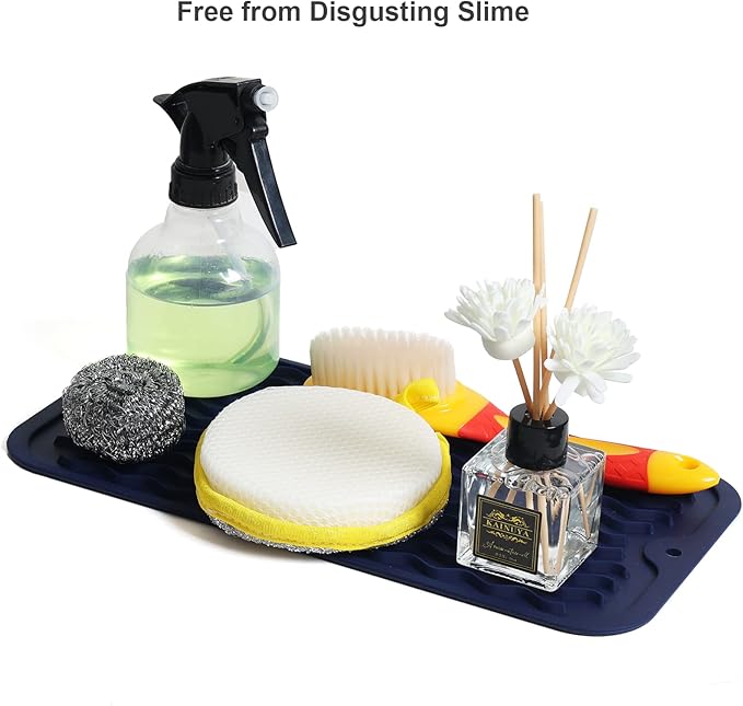 ZLR Silicone Sponge Holder & Sink Caddy Tray (6" x 12") - Narrow Dish Drying Mat for Kitchen Counter - Waterproof Soap Dispenser Organizer, Non-Slip Bathroom Vanity Tray (Midnight Blue)