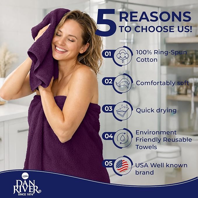 DAN RIVER 8 PC Luxury Bath Towels for Bathroom, 2 Bath, 2 Hand, and 4 Wash Cloths, 600 GSM 100% Ring Spun Cotton Towel Set, Highly Absorbent, Gym, Hotel, and Spa, Purple