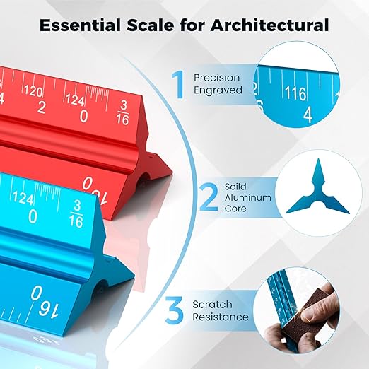 Rena Chris 2PCS Architectural Scale Ruler: 12" Imperial Aluminum Alloy Metal Architecture Measuring Tools, Engineering Drafting Construction Drawing Blueprints Triangular Architect Scaling Rulers