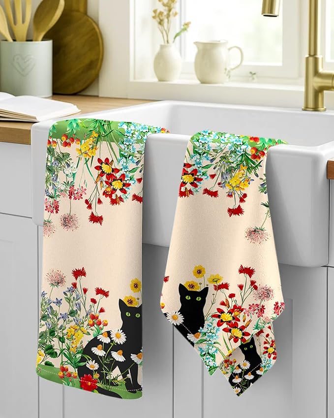 Miss Adola Flour Sack Kitchen Towels - Set of 2 Spring Dish Towels with Hanging Loop 18x26 Inch Absorbent Reusable Cotton Cloths for Cleaning Cute Design Home Decorative Housewarming, Flower Cats