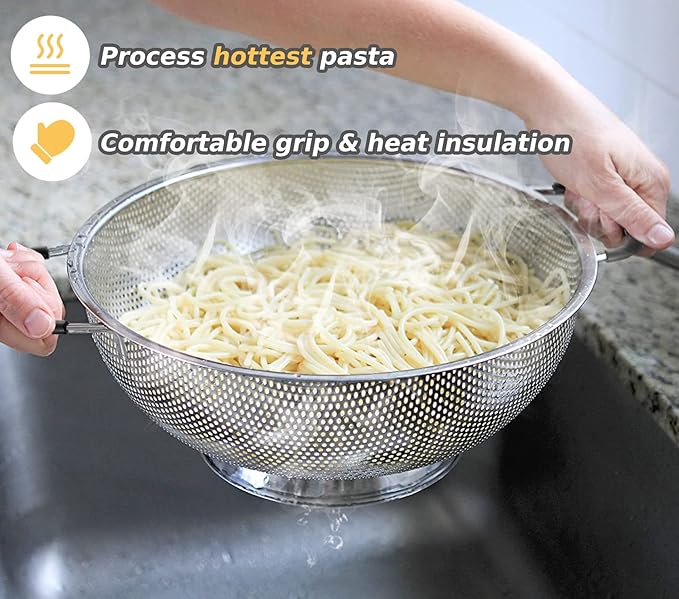 5 Qt Colander 18/8 Stainless Steel Colander Silicone Handle Easy Grip Micro-Perforated Strainer Heavy Duty and Self-draining Solid Ring Base BPA Free Dishwasher Safe - Black