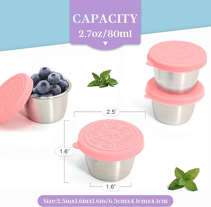 Qukaka 6x2.7 Oz Salad Dressing Container to Go,Handy Leakproof Stainless Steel Meal Prep Containers Reusable,Sauce Containers for Lunch Box, Picnics, Travel, Office and Kitchen Storage-Pink
