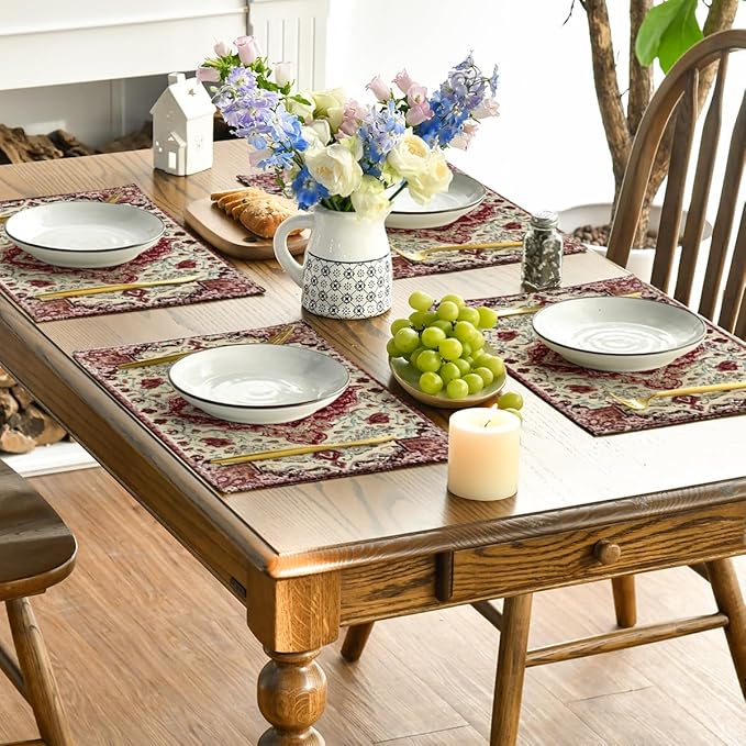Artoid Mode Boho Bohemia Style Red Beige Placemats Set of 4, 12x18 Inch Country Rustic Farmhouse Magical Fall Table Mats for Party Kitchen Dining Decoration