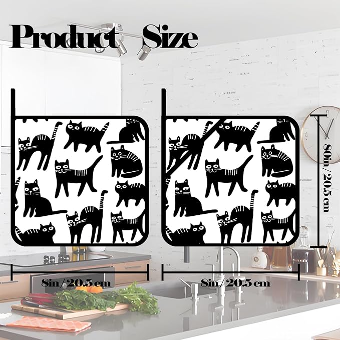 Cute Smile Black Cat Pot Holders Set of 2,Kitchen Heat Resistant Potholder for BBQ Cooking Baking,Food Hot Pad for Women Men