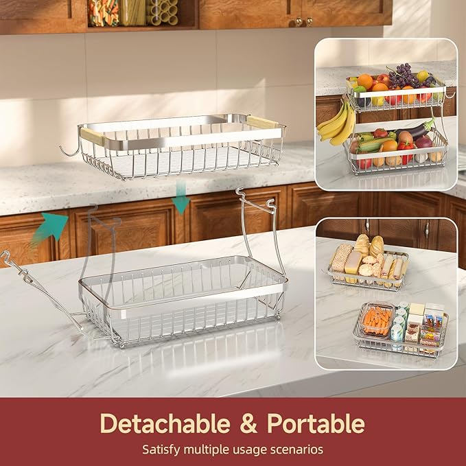 Sevenblue 2 Tier Large Fruit Basket for Kitchen Counter with 2 Mobile Banana Hangers, 2026 Pro Detachable Metal Fruit Bowl with Wooden Handle (Silver, 2 Tier Extra Large)