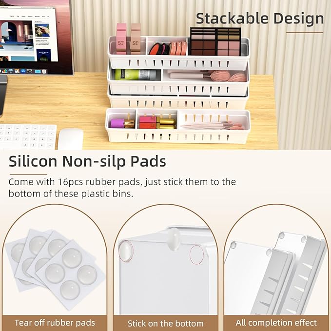 Desk Drawer Organizer Tray 4 PCS Plastic Office Drawer Organizer Bins Junk Organizer Divider with Non-Slip Silicone Pads, Makeup Vanity Organizer for Drawer, White