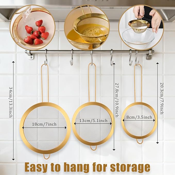 Strainers and Colanders Set, 2 PCS Stainless Steel Colander and 3 PCS Fine Mesh Strainer Gold Metal Pasta Rice Colanders & Food Strainers with Handles for Kitchen, Dishwasher Safe (5 Quart+4 Quart)