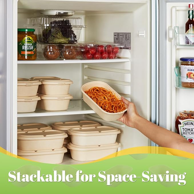 [100% Eco-Friendly] Disposable Food Containers with Lids – Sugarcane Pulp Take Out Boxes, Biodegradable, Compostable, Microwave Safe Lunch Containers – Pack of 50 (24 OZ)