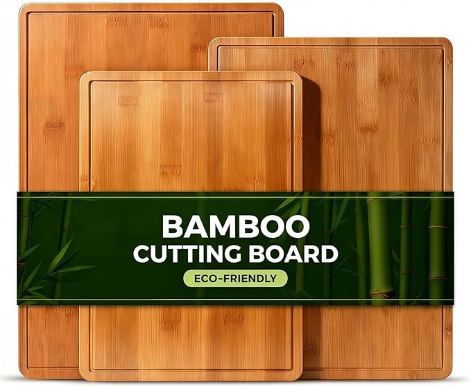 Carbonized Bamboo Cutting Boards for Kitchen, XL Durable Wood Cutting Board with Juice Grooves and Handles, Set of 3 Solid Charcuterie Board for Meal Prep & Serving (13x9.5, 14.5x10.5, 16x11.5)