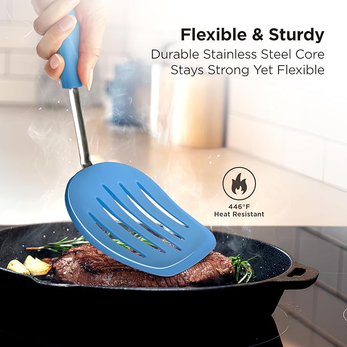 Kitchen Mama WaltzGrip Platinum Silicone Pancake Spatula Turner: Heat Resistant Flexible, Stainless Steel Core, Nonstick, Dishwasher Safe, Flipper – Ideal Kitchen Cookware for Eggs, Fish, Meat (Blue)