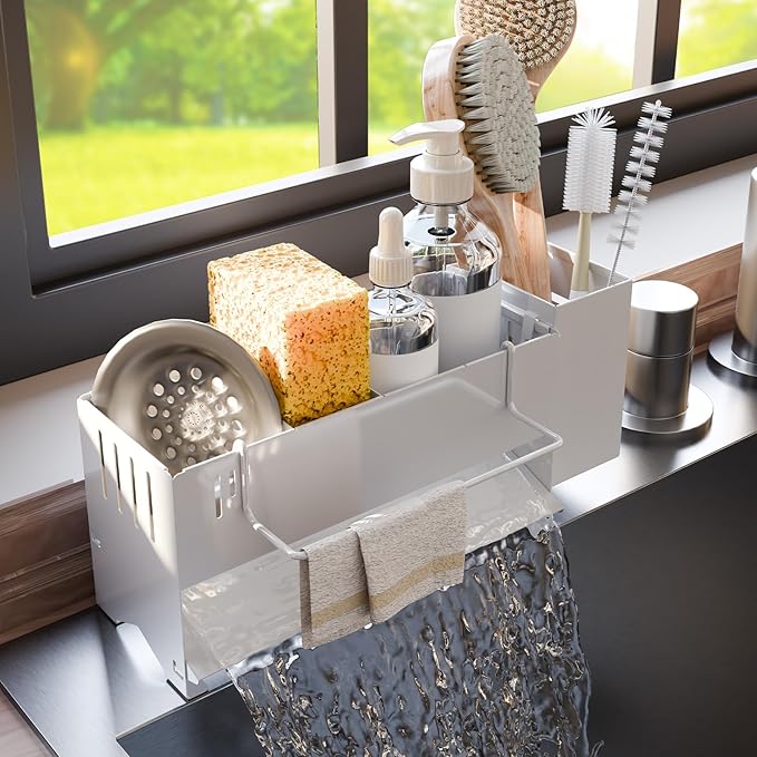 Kitchen Sink Caddy Organizer, Sponge Holder for Kitchen Sink with Upgraded Extra-Wide Drain Board, Efficient Drainage, Stainless Steel with Rust-Resistant Coating