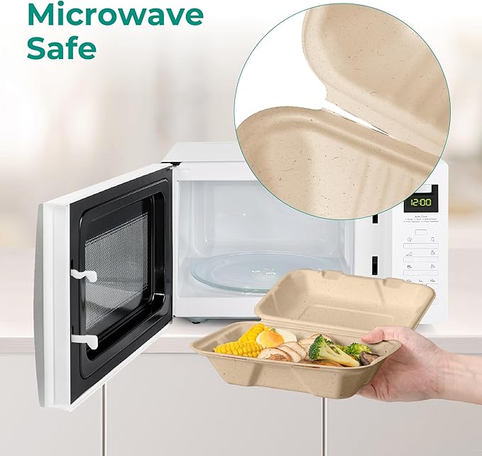 Fit Meal Prep 100 Pack 9x6 Compostable To Go Food Containers, Disposable To Go Boxes for Food, Lunch Boxes, Clamshell Take Out Containers with Lids, Eco Friendly Biodegradable, PFAS-Free, Bagasse
