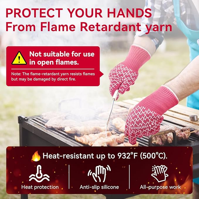 HandLove Aramid Heat Resistant BBQ Gloves – Grilling & Oven Gloves with Fingers, Silicone Grip & Long Cuffs for Cooking, Baking, and Outdoor Barbecue – Pink, Small