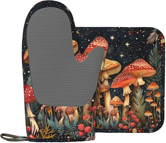 Oven Mitts and Pot Holders Mushroom Forest Vintage Silicone Kitchen Accessories Set of 2 Heat Resistant Long Gloves Potholder Non-Slip Grip for Chef Cooking Baking Grilling BBQ