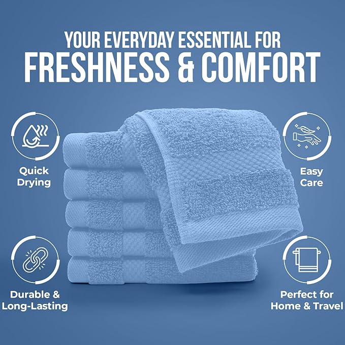 DAN RIVER 12-Pack Premium 100% Cotton Medium Blue Face Towels for Bathroom - Reusable Face Wash Cloths for Showering 12x12 Inches - 550 GSM Super Soft & Absorbent Luxury WashCloths for Body, Spa & Gym