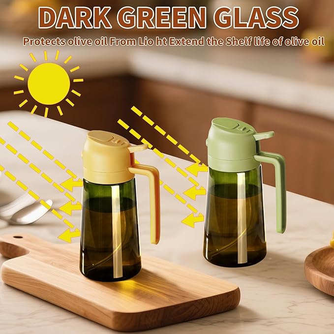 SWEET VIEW Olive Oil Dispenser and Oil Sprayer – 16oz/470ml Glass Light-Proof Oil Pourer for Kitchen, Air Fryer, Cooking, Salad, and BBQ