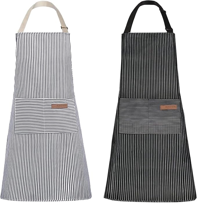 Tosewever 2 Pieces Kitchen Cooking Aprons, Cotton Polyester Blend Adjustable Bib Aprons with 2 Pockets for Women Men Chef Chef (Navy/Black Stripes, 2)