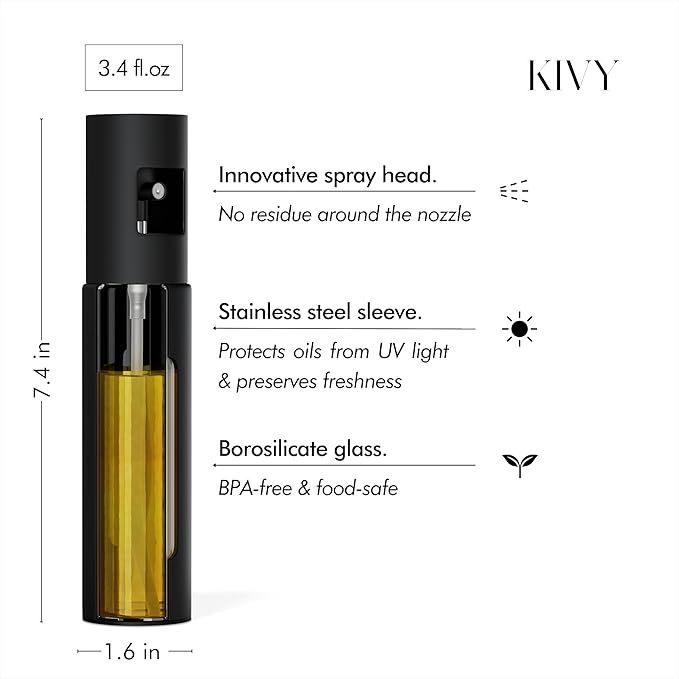 KIVY Glass Oil Sprayer for Cooking– Precise Oil & Vinegar Spray Bottle Oil Mister Spray Bottle for Food – Includes Funnel – Perfect for Cooking & Air Fryer - Stainless Steel Sprayer