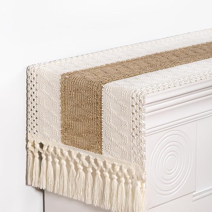 DeZerlor Boho Macrame Table Runner Spring Easter Farmhouse Woven Table Runner with Tassels 108 Inches Ivory& Burlap Brown Cotton Linen Kitchen Table Decor for Dining Dresser Home Tea Table Decor