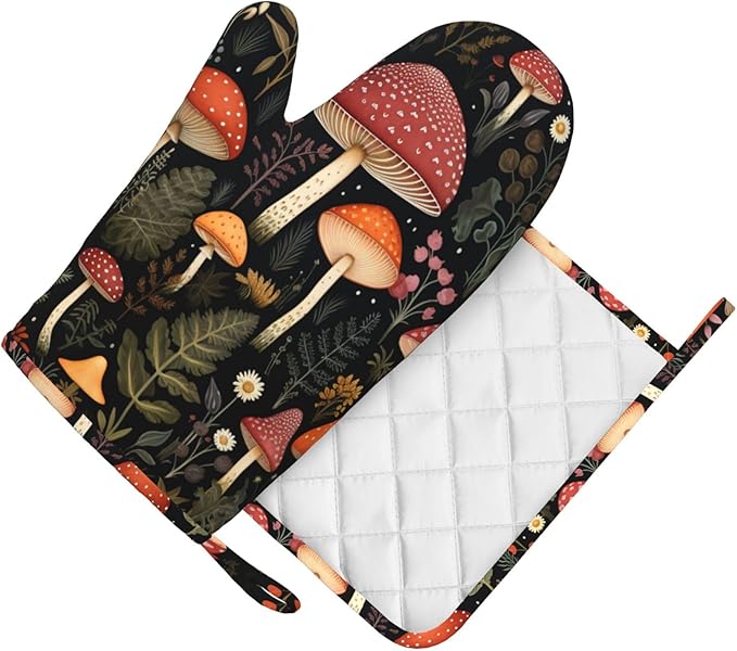 Oven Mitts and Pot Holders Mushroom Botanical Leaf Vintage Silicone Kitchen Accessories Set of 2 Heat Resistant Long Gloves Potholder Non-Slip Grip for Chef Cooking Baking Grilling BBQ