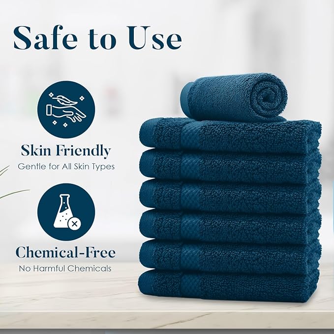 DAN RIVER 12-Pack Premium 100% Cotton Blue Opal Face Towels for Bathroom - Reusable Face Wash Cloths for Showering 12x12 Inches - 550 GSM Super Soft & Absorbent Luxury WashCloths for Body, Spa & Gym