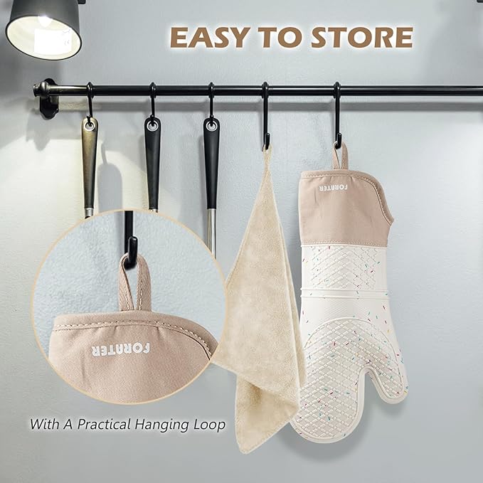 Extra Long Oven Mitts and Potholders 6Pcs Set, 500°F Heat Resistant Kitchen Oven Gloves 15'' Oven Mitts with Non-Slip Silicone Surface Soft Cotton Lining for Cooking, Baking and Grilling - Milky White