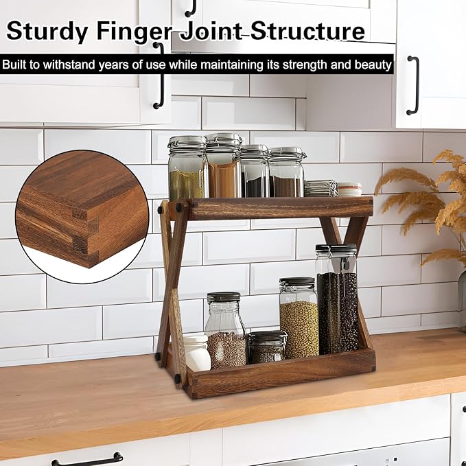 Wood Countertop Shelf Organizer, 2 Tier Wooden Shelf for Coffee Bar Accessories, Kitchen Spice Rack Organizer, Condiment Storage Caddy for Home, Office, Bathroom counter