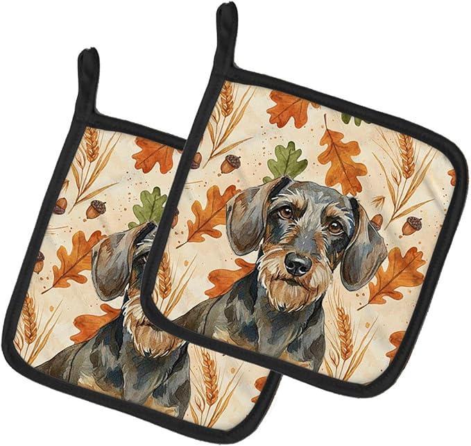 Caroline's Treasures Wirehaired Wild Boar Dachshund Heirloom Fall Pair of Pot Holders Pair 7.5x7.5 Quilted Insulated Hot Pads Decorative Kitchen Gift Made in USA