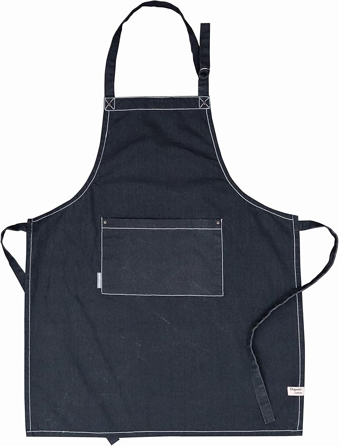 AMOUR INFINI Cotton Solid Aprons for Women with Pocket, Adjustable Strap and Waist Ties Washed Chef Aprons for Cooking, Baking and Gardening (27.5x33 Inches - Black)