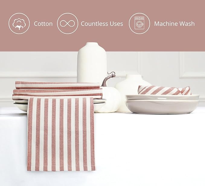 PurpleEssences Plain Striped Cloth Napkins - Set of 12-100% Cotton - 18 x 18 Inch - Spring Easter Summer and Perfect Everyday Use Dinner Napkin - Royal Rust Ivory