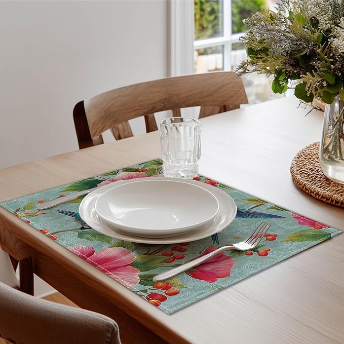 HOMETITUTE 12x18 Inch Placemats Set of 4 Linen Hummingbird Floral Spring Summer Washable Table Mats Place Mats Decorative Farmhouse Autumn Placemats Set Kitchen Dining Table Decor