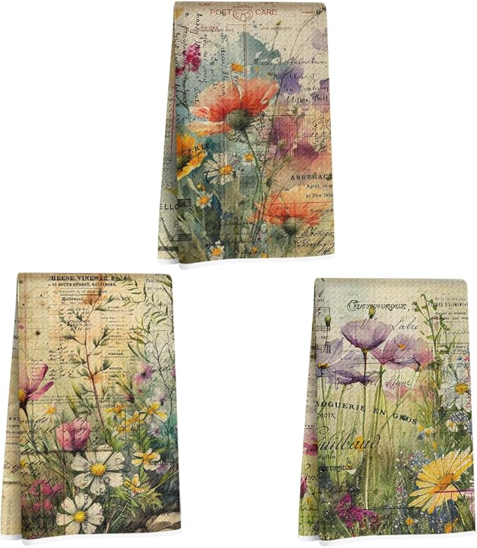 ZHAMEN 3 Pcs Watercolor Design Kitchen Towels, Colorful Flower Decorative Absorbent Microfiber Dish Cloth Tea Towel, Vintage Waffle Soft Hand Towels for Farmhouse Home Bathroom, Housewarming Gifts